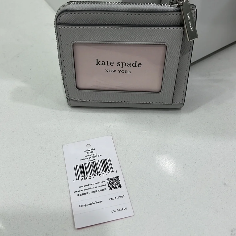 NWT KATE SPADE SM LZP BFLD K9348 SAFFIANO PVC PLATNUM GR (020) TOL SCHUYLER - Picture 2 of 5